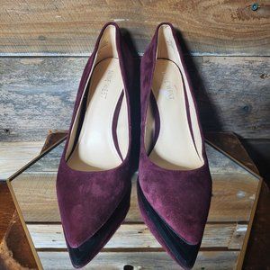 Nine West Maroon Suede Ladies  Pointed Toe Pumps -  High Chunky Heel - Career -